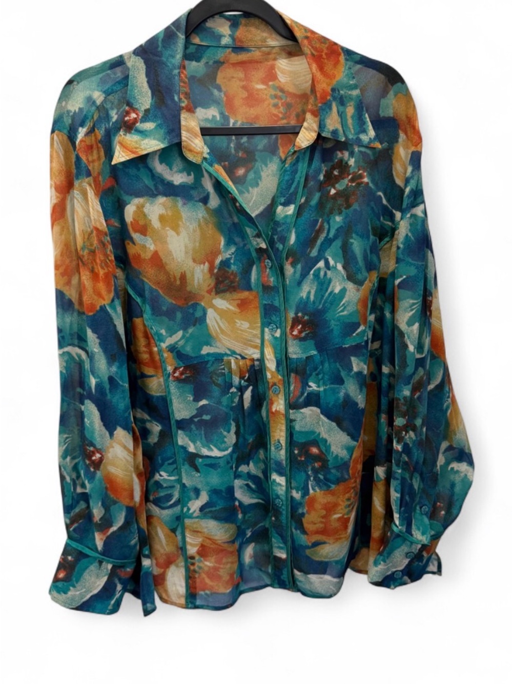 Vintage Coldwater Creek Women’s Watercolor 100% silk Blouse — Teal & Orange Sz L